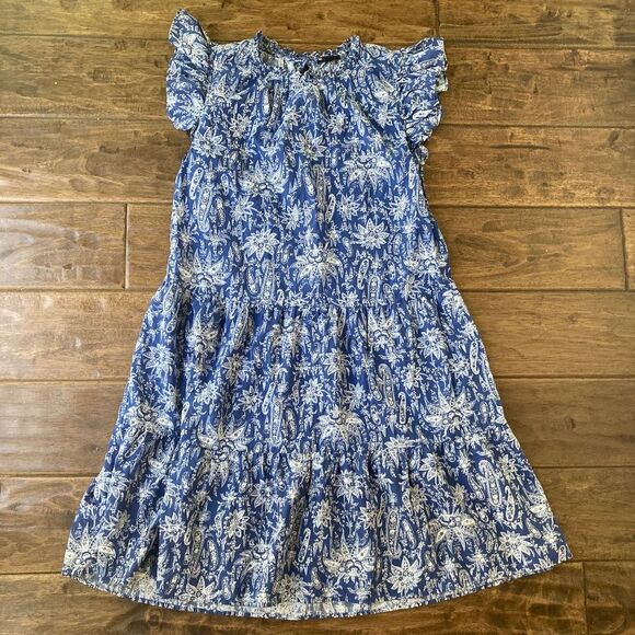 Ann Taylor Paisly Tiered Shift Dress Womens Small Blue Ruffle Sleeve Boho - Picture 2 of 9